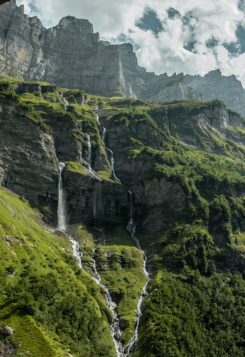 waterfall, rock, trees, slope, HD phone wallpaper