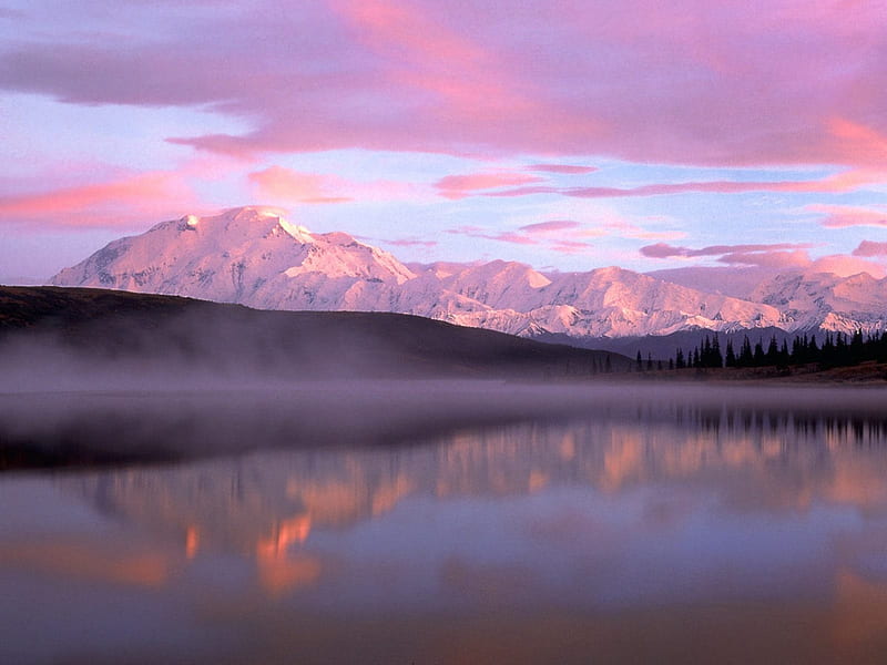 Wonder Lake Mountain, Denali National Park, Alaska, sky, clouds, lake, fog, mountain, water, nature, reflection, pink, HD wallpaper
