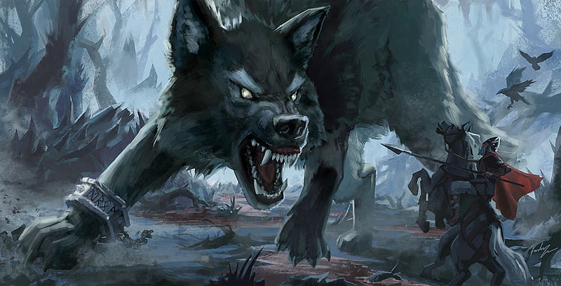 Fenrir vs Odin, fenrir, art, luminos, black, man, kgoggles, odin, fantasy, luminosl black, wolf, god, blue, HD wallpaper