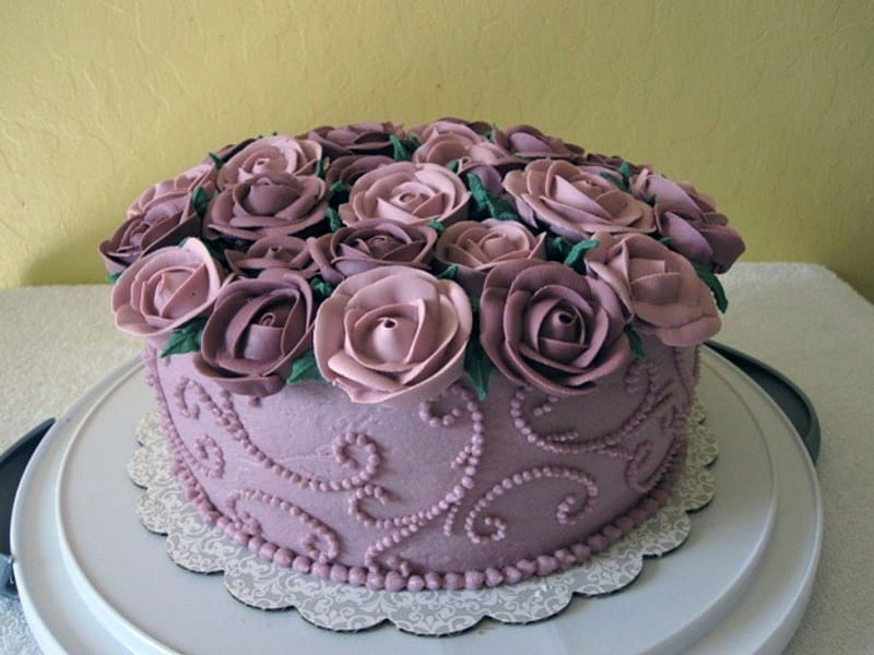 ~Mauve Rose Cake~, cake, pretty, yummie, decorations, delish, frosting, wedding, pastal roses, HD wallpaper