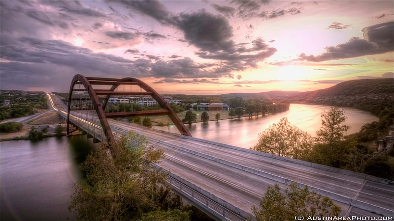 Austin 360 Bridge, lilac, austin, highway, bridge, river, sunset, landscape, HD wallpaper