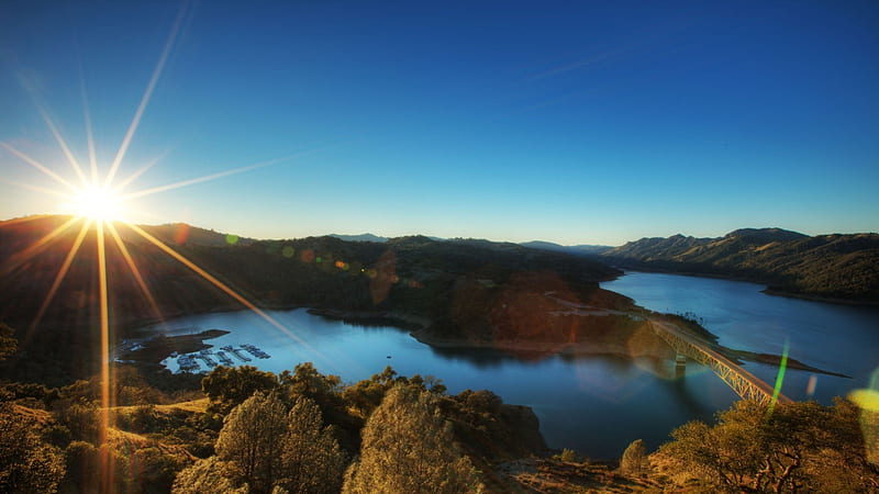wonderful lake sonoma in california, boats, sun, bridge, forests, lake, HD wallpaper