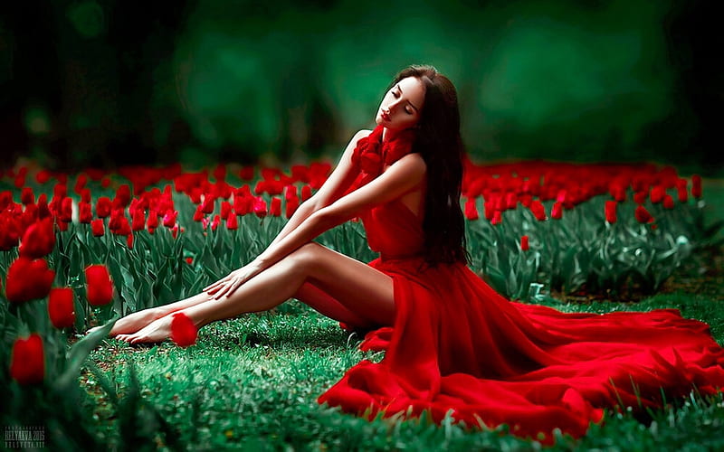 Lady in Red Among Tulips, female, lovely, red dress, model, spring, softness, brunette, Lady, feminine, flowers, Sensual, beauty, tulips, fashion, HD wallpaper