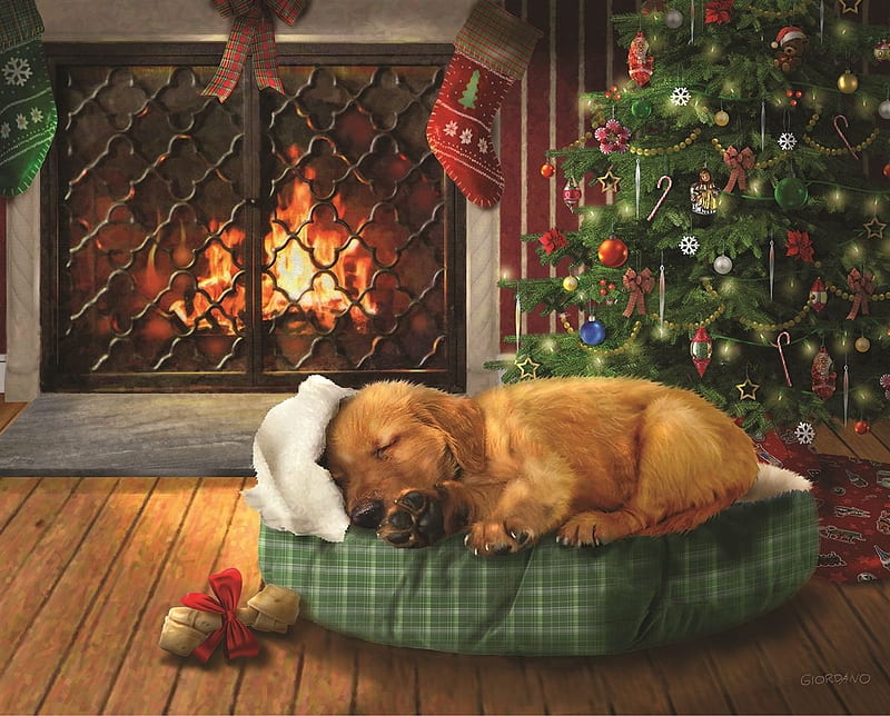 Sleeping puppy, art, sleep, craciun, christmas, animal, cute, tree, painting, pictura, dog, puppy, caien, HD wallpaper
