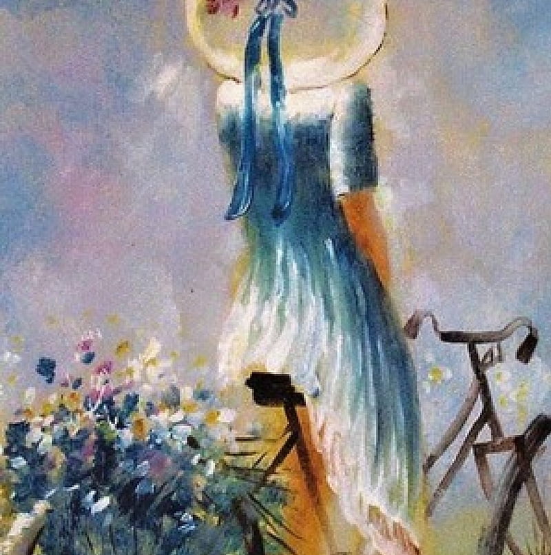 On her bike, painting, flowers, bonito, girl, HD phone wallpaper