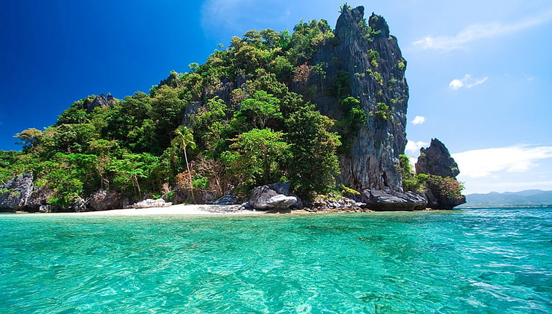 Rock Island Beach, ocean, Philippines, turquoise water, granite rock, bonito, palm trees, beach, paradise, summer, blue sky, island, Palawan, HD wallpaper