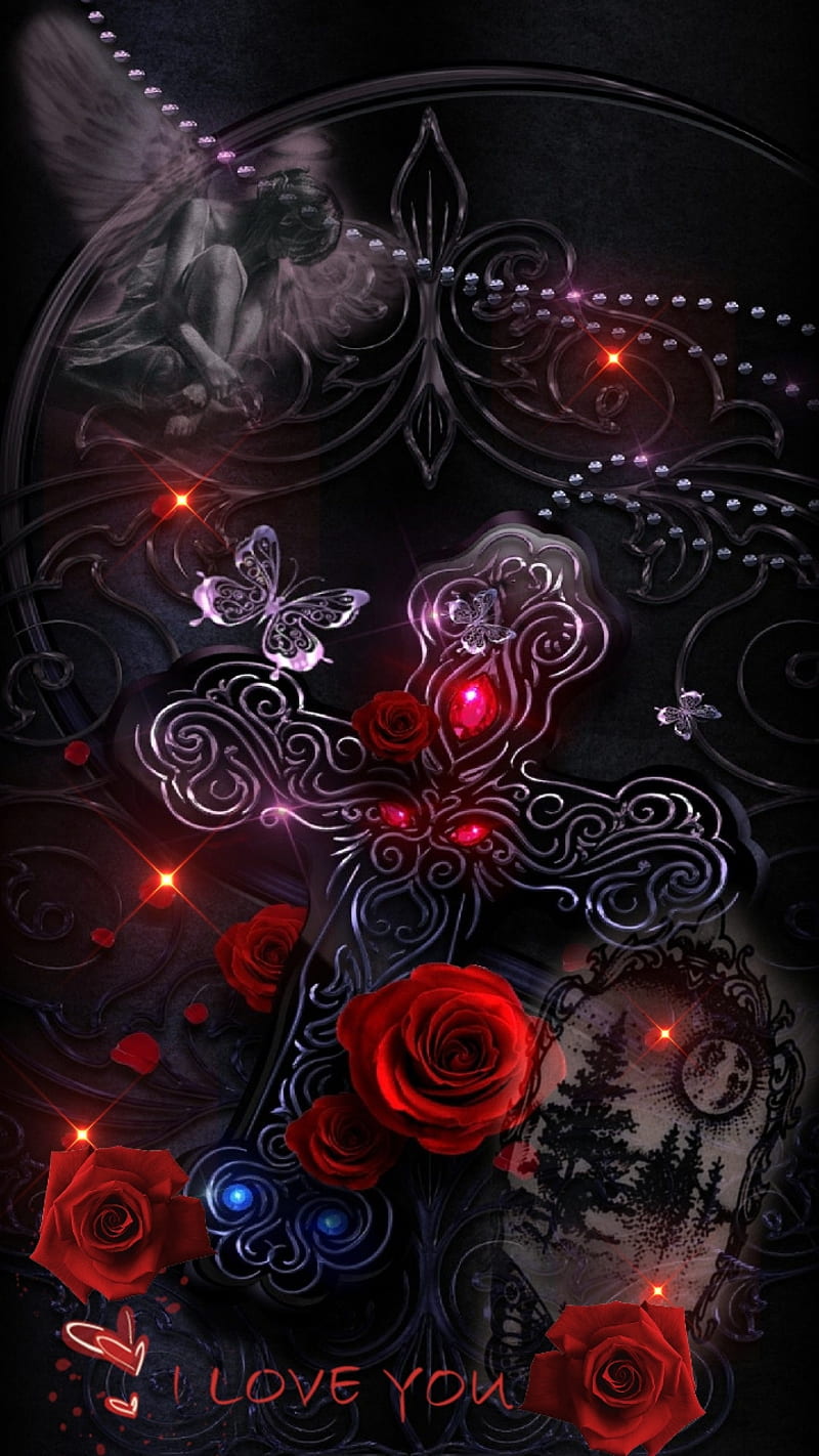 Rosary, angel, beads, black, cross, red, roses, HD phone wallpaper