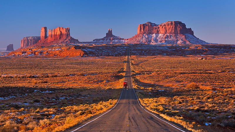 straight desert road in winter, desert, mountains, truck, road, winter, HD wallpaper