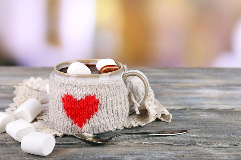 I Hot Chocolate, table, spoon, coco, hot chocolate, winter, still life, marshmallows, heart, cup, drink, wood, HD wallpaper