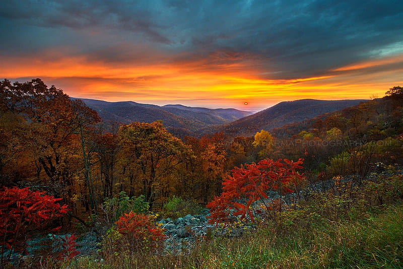 Shenandoah National Park, Virginia, fall, autumn, colors, sunset, clouds, sky, landscape, HD wallpaper