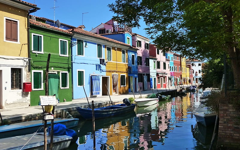 Burano Island, Venice, Venice, boats, canal, houses, island, Burano, HD wallpaper