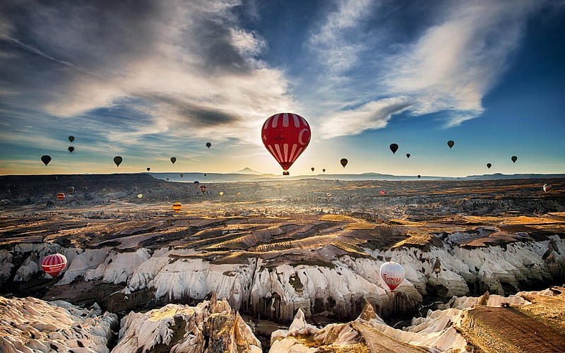 air balloons, rocks, sunset, evening, Turkey, HD wallpaper