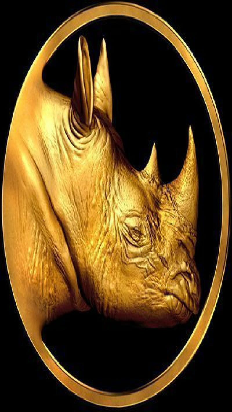 Rhino, gold, black, stamp, wild, animal, HD phone wallpaper