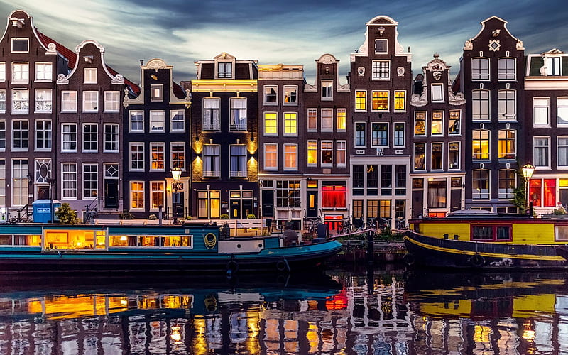 Amsterdam, canal, evening city, houses, embankment, Netherlands, HD wallpaper