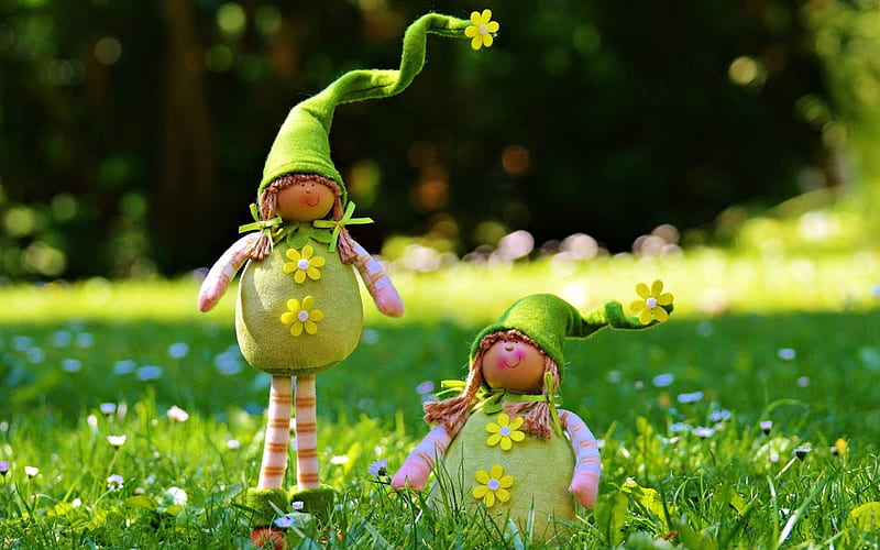 Happy spring!, grass, elf, toy, spring, doll, hat, card, cute, green, couple, figurine, HD wallpaper