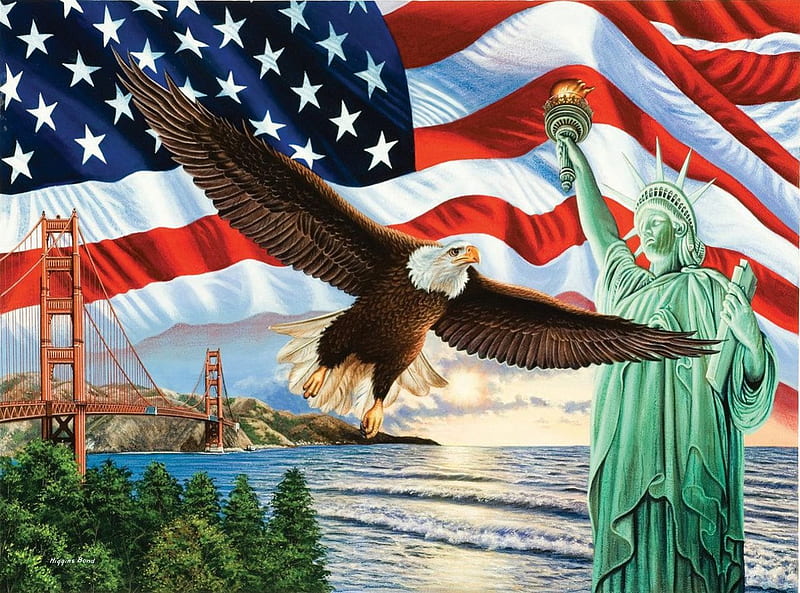 American Symbols, liberty, stars, stripes, golden gate, eagle, HD wallpaper