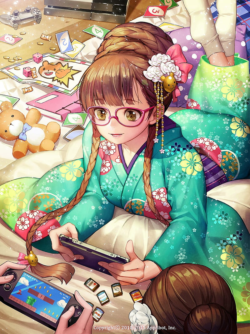 anime, anime girls, Furyou Michi ~Gang Road~, kimono, glasses, long hair, PlayStation Vita, lying on front, HD phone wallpaper