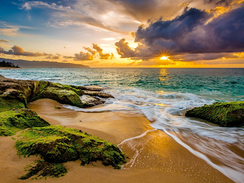 Tropical Sunset Hawaii Horizon Sun Stones Nature Sunset Clouds Coast Hd Wallpaper Peakpx