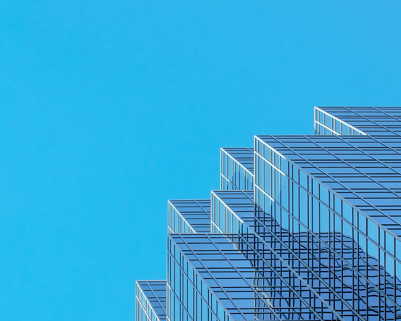 building, architecture, glass, sky, bottom view, blue, HD wallpaper