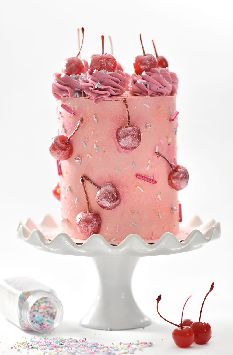 cake, dessert, sweet, cherries, sprinkle, HD phone wallpaper