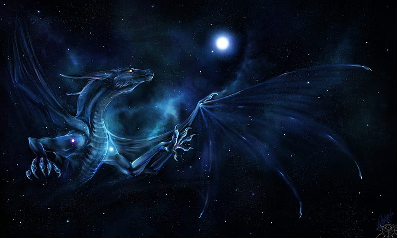 Star Dragon, stars, fantasy, moon, dragon, blue, HD wallpaper