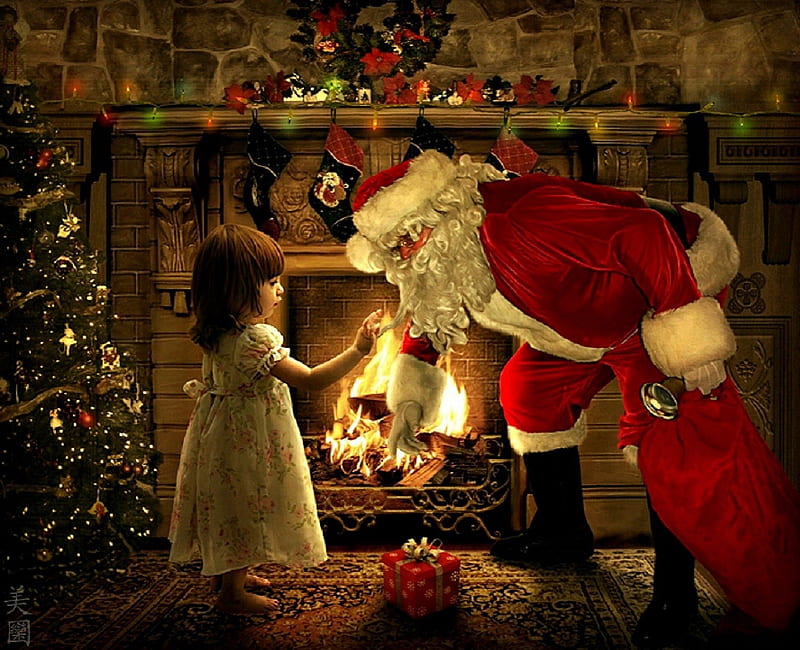 ~Santa Claus & Little Girl~, holidays, digital art, santa claus, xmas and new year, greetings, fireplace, manipulation, people, decorations, girls, christmas, xmas trees, creative pre-made, blessings, winter, weird things people wear, backgrounds, gifts, HD wallpaper