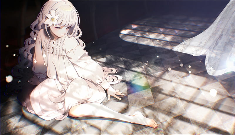 Prism of Solitude, Lovely, bonito, White, Golden Eyes, Barefoot, White Hair, Lonely, Alone, Tiles, Girl, Black and White, Pretty, Floor, Anime, Sweet, Window, Light, Curtain, Cute, HD wallpaper