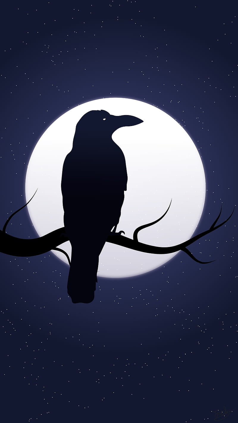 Crow, moon, gradient, dark, night, tree, dead, glow, blue, HD phone wallpaper