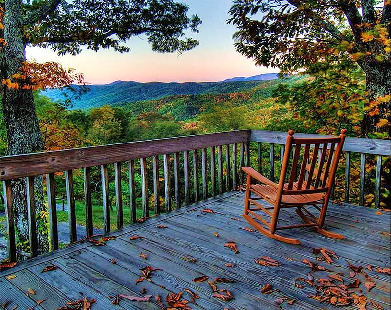 The wonder, leaves, mountains, railing, chair, country, trees, clouds, deck, HD wallpaper