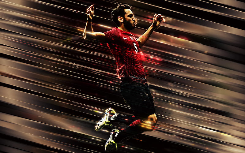 Hakan Calhanoglu creative art, blades style, Turkey national football team, Turkish footballer, Turkey, red background, football, Calhanoglu, HD wallpaper