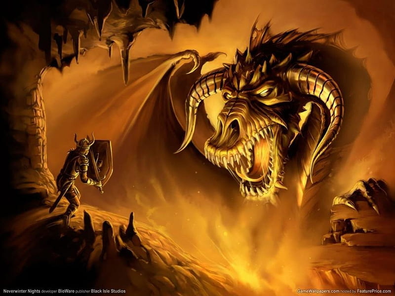 Fire Dragon, wings, cavern, shield, evil, dragon, cave, horns, fire, scales, knight, HD wallpaper