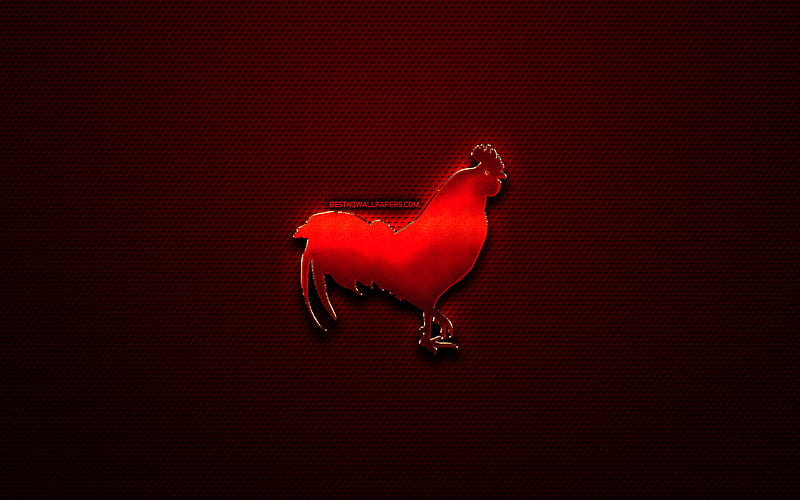 Rooster zodiac, creative, chinese zodiac metal signs, Chinese calendar, Rooster zodiac sign, chinese zodiac, animals signs, red metal grid background, Chinese Zodiac Signs, artwork, Rooster, HD wallpaper