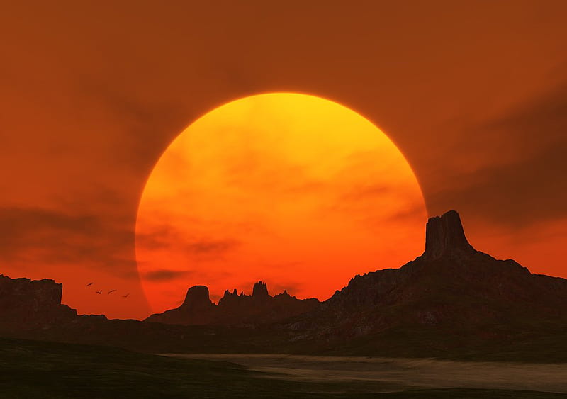 western sun, western landscape, sun, red sky, dark, HD wallpaper