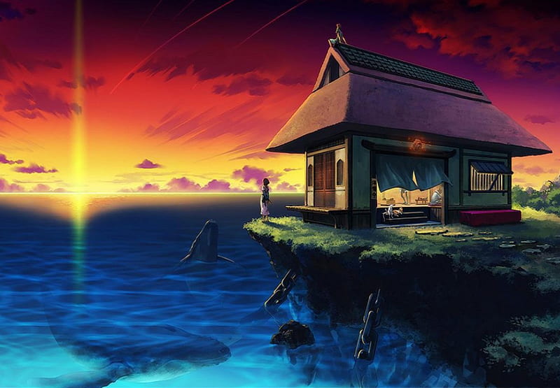 Washi-jeva kuća HD-wallpaper-beautiful-sunset-house-anime-ocean-sunset-orginal-sky-scenery