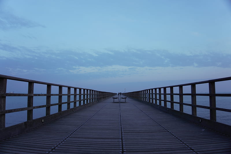 pier, benches, sea, clouds, HD wallpaper