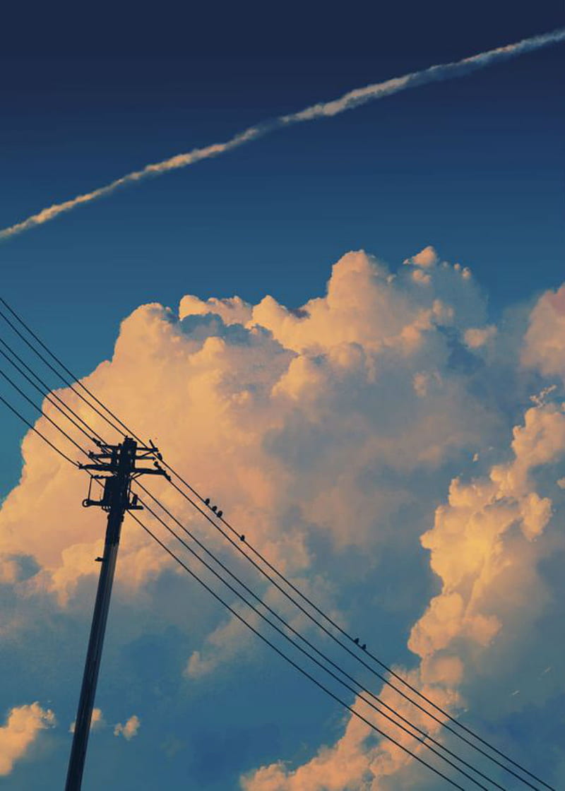 Big sky, clouds, day, telephone poles, telephone wires, birds, electricity, power lines, HD phone wallpaper