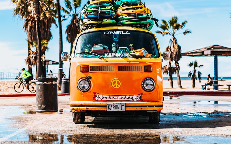 Volkswagen T1 beach, hippie, surfboards, Volkswagen, HD wallpaper