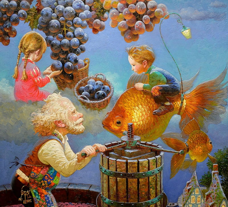 Time to make wine, fish, wine, children, grapes, boy, fantasy, girl, painting, goldenfish, child, dream, pictura, childhood, grandfather, victor nizovtsev, autumn, toamna, pesti, HD wallpaper