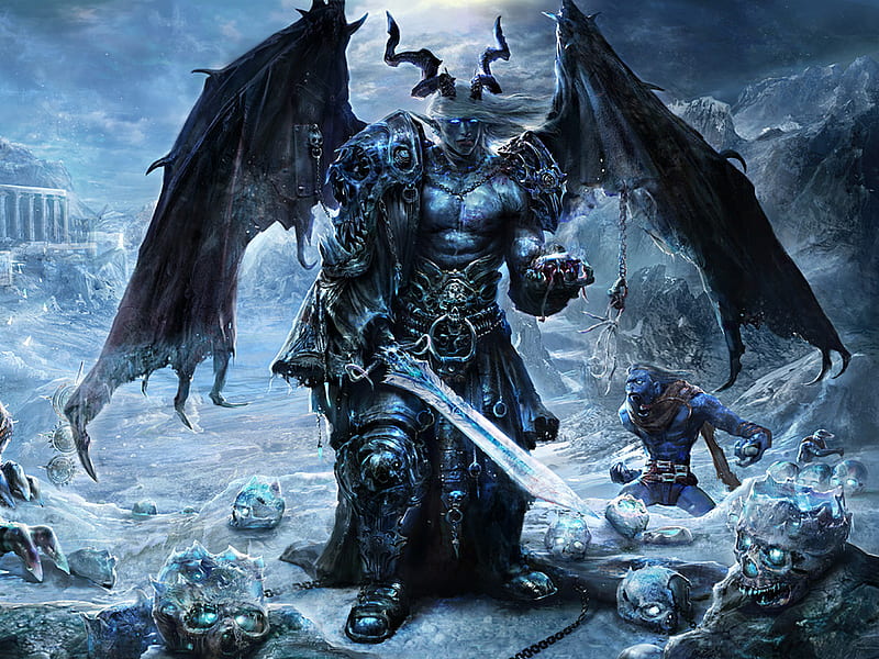 demon warrior, dead people, skulls, wings, buildings, sword, horns, HD wallpaper