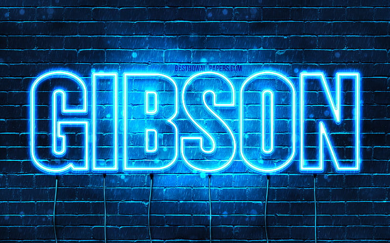 Gibson with names, horizontal text, Gibson name, Happy Birtay Gibson, blue neon lights, with Gibson name, HD wallpaper