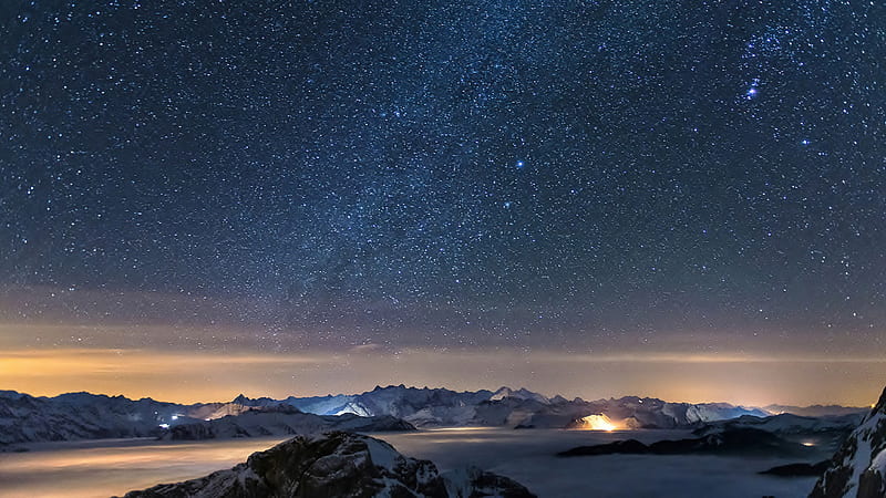 Sunset Sky With Blue Stars Up Above The Snow Covered Mountain Space, HD wallpaper