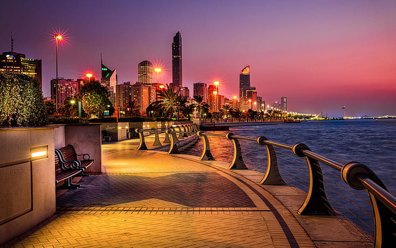 Abu Dhabi, evening, sunset, skyscrapers, modern architecture, UAE, United Arab Emirates, HD wallpaper