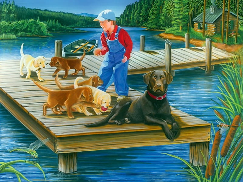 Go fetch, playing, forest, art, shore, pier, bonito, cabin, lake, boy, puppies, serenity, painting, summer, dogs, fetch, fishing, HD wallpaper