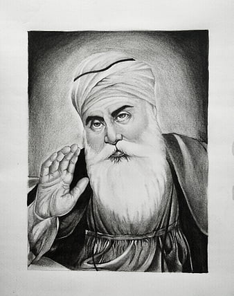 Shri Guru Nanak Dev Ji, Pencil Sketch, Black Matte Frame with transparent  fiber, Size – 12x16