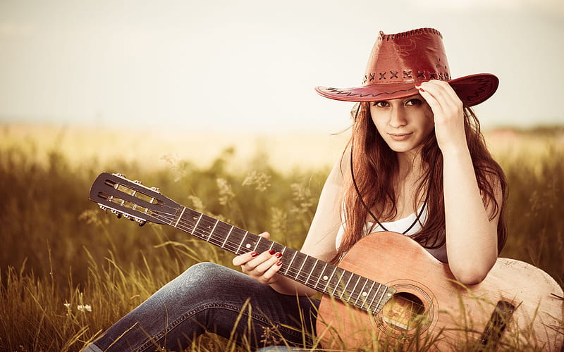 Cowgirl Serenade . ., female, hats, cowgirl, boots, music, ranch, outdoors,  women, HD wallpaper