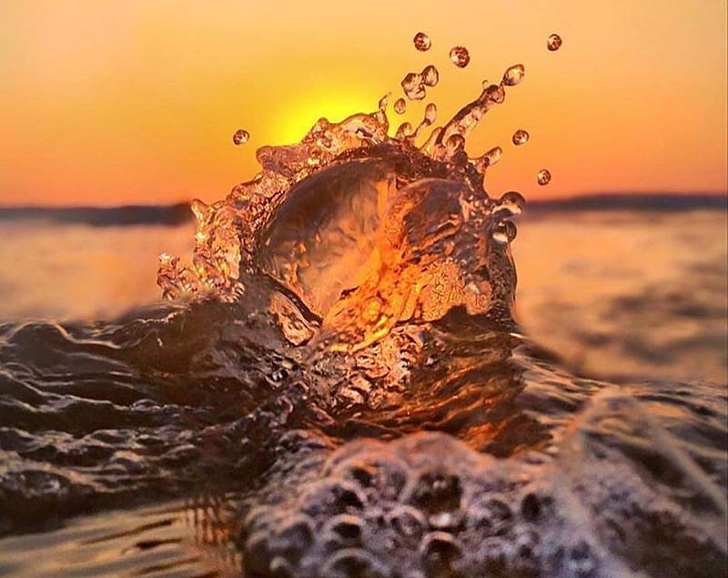 Drops, nature, sunset, wave, sea, HD wallpaper