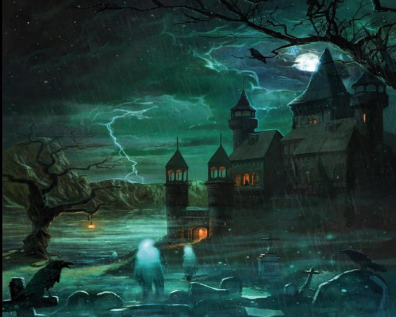 Haunted House, tree, house, ghosts, graveyard, crow, swamp, HD wallpaper