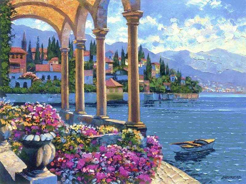 Lake Como, boat, arcades, painting, flowers, village, artwork, italy, HD wallpaper