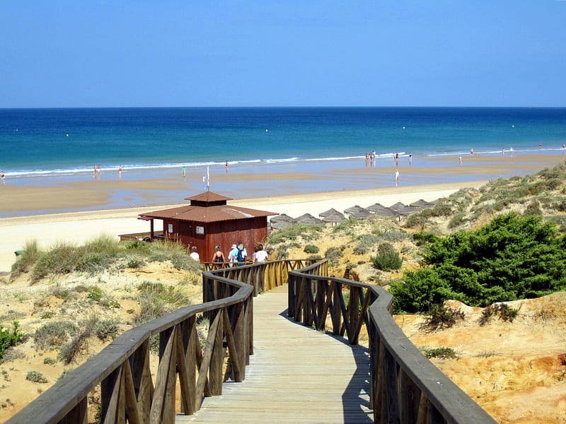 Beach in Andalucia, Spain, sun, holiday, waves, sky, beach, sand, beaches, nature, sunshine, wood, blue, HD wallpaper