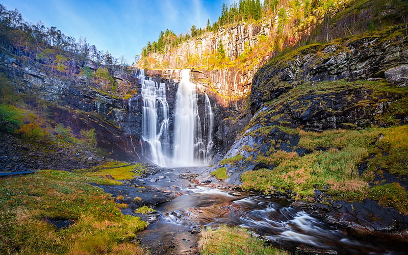 waterfall, rock, mountains, autumn, lake, Norway, HD wallpaper